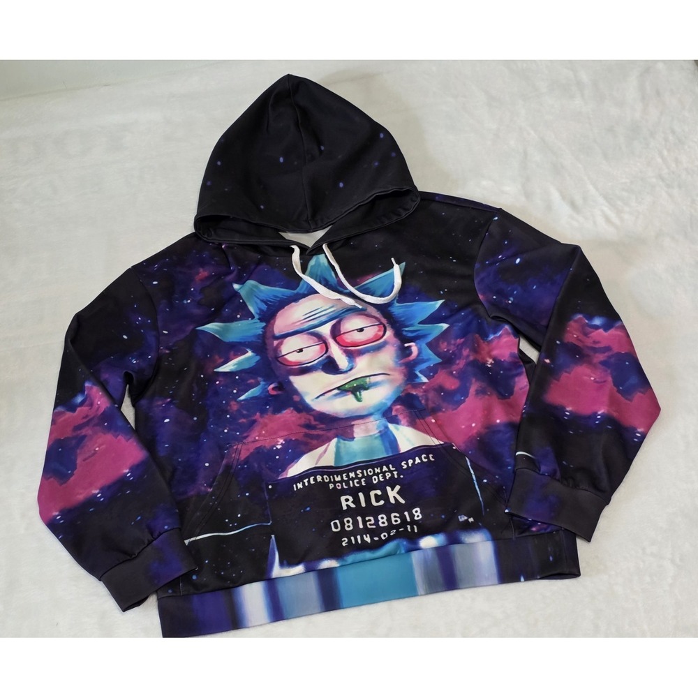 Rick and Morty Adult Unisex Medium galaxy themed hoodie mugshot graphic of Rick